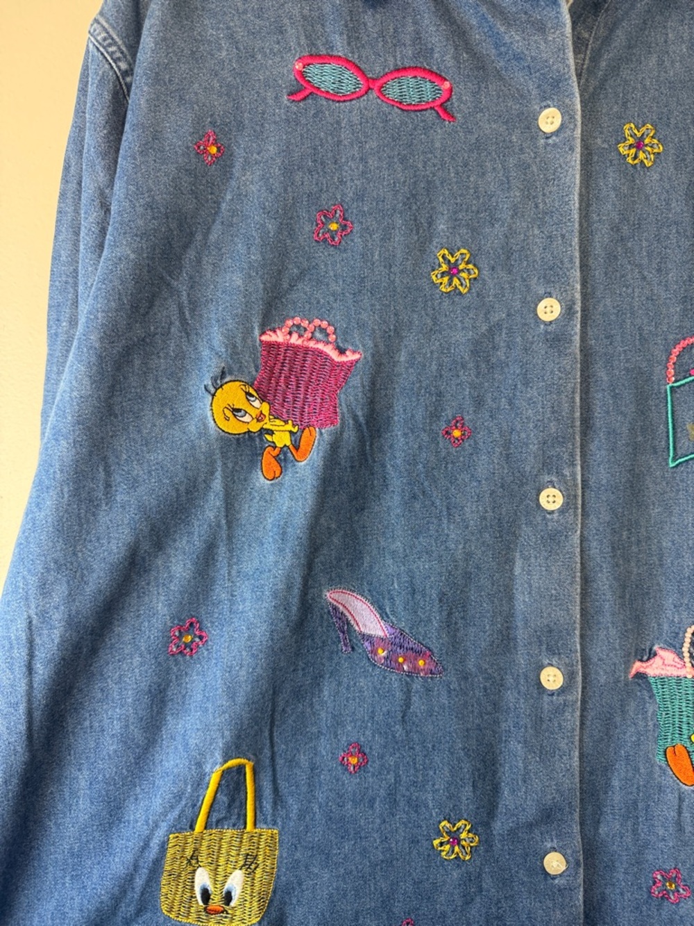 Vintage Tweety Bird Denim Shirt Embroidered Y2K Warner Bros XL Oversized - Picture 6 of 7